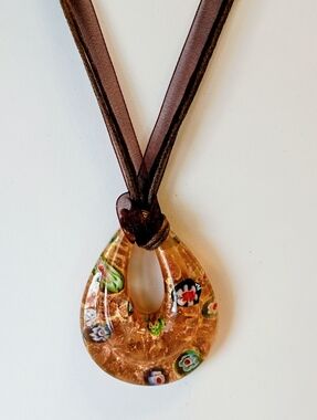 23"Beautiful Murano Teardrop Millefiore Glass Knotted Pendant Cords Ribbon Hung